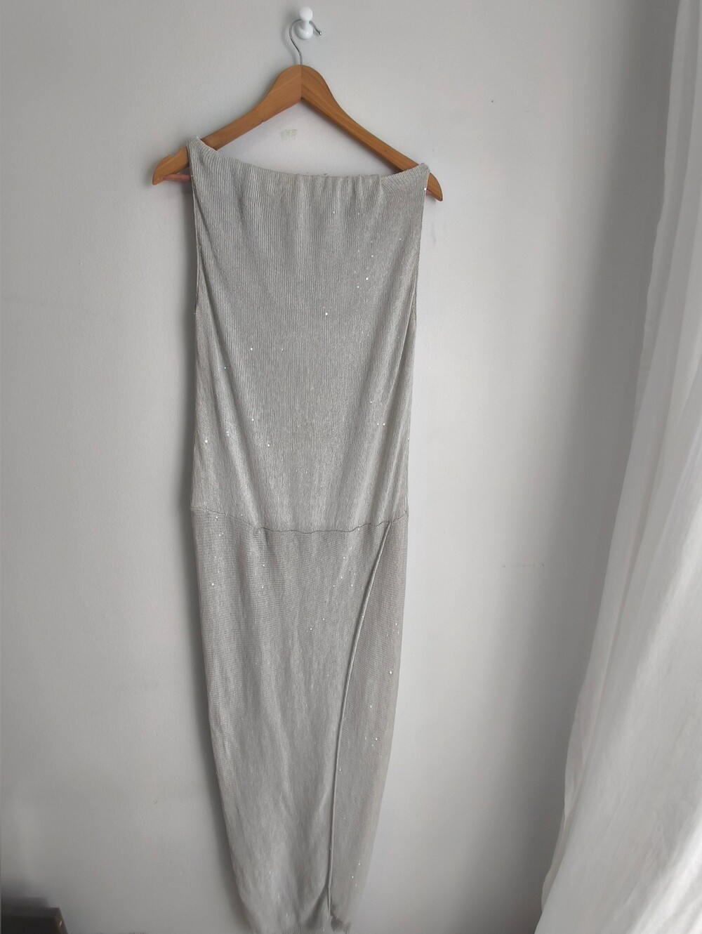 Brunello Cucinelli Strapless Silver-Beige Sequin Column Dress